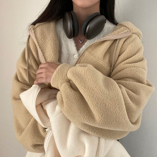 Thickened Warm Furry Jacket Short Zipper Hooded Coat For Women