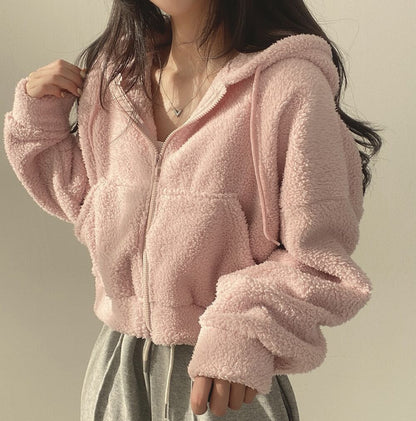 Thickened Warm Furry Jacket Short Zipper Hooded Coat For Women