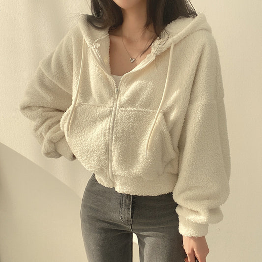 Thickened Warm Furry Jacket Short Zipper Hooded Coat For Women