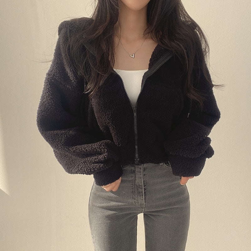 Thickened Warm Furry Jacket Short Zipper Hooded Coat For Women